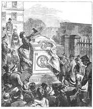 Woodcut engraving of unveiling of the Poe monument