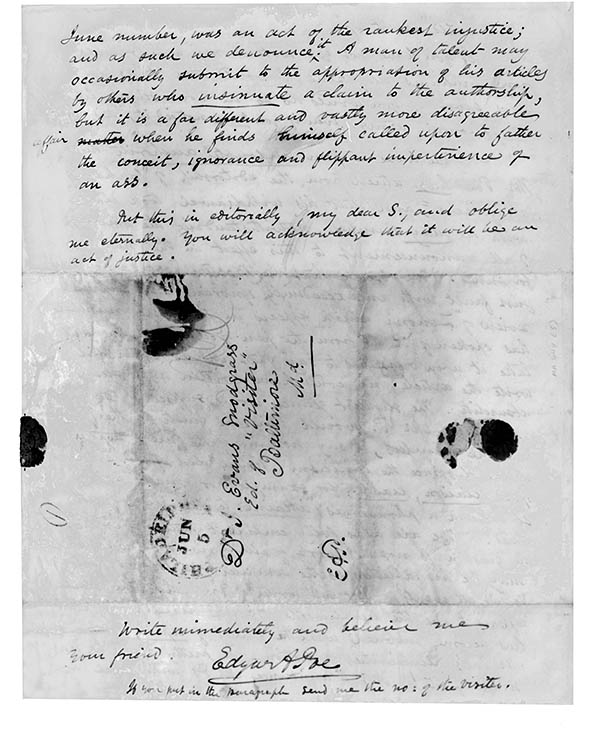 MS of a letter from Poe to Joseph E. Snodgrass, June 4, 1842