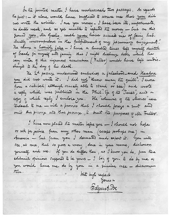 MS letter from Poe to Horace Greeley, February 21, 1847