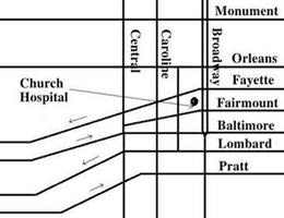 Grayscale map showing location of Church Hospital