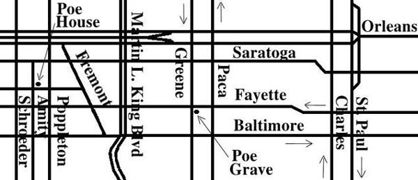 Map showing location of the Poe House and Museum