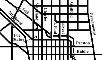 Grayscale map showing location of Poe Statue at U. of B.
